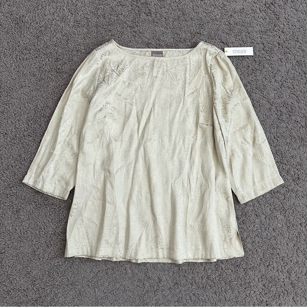 Chico's Metallic Jacquard Pullover 3/4 Sleeve Tunic Top Blouse Womens 1 (M/8)